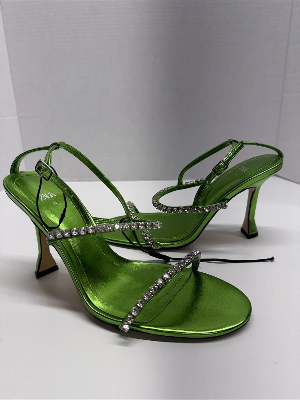 Zara High Heel Shoes Strappy Open Toe Shoe Jeweled Rhinestones Metallic Green 8